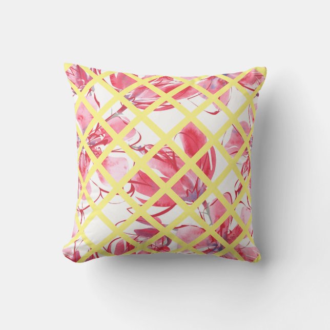 blommigt med rosa vattenfärg, mjuk gult lattice, kudde (Framsida)