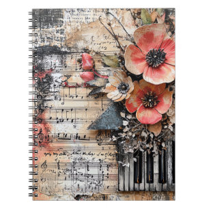 Blommigt med Rustic Piano Nycklar & Åldras Music L Anteckningsbok