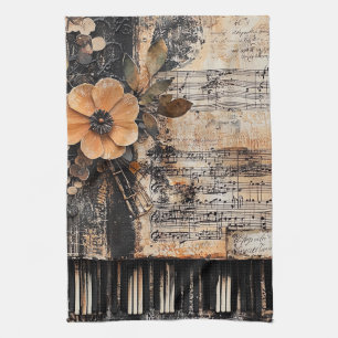 Blommigt med Rustic Piano Nycklar & Åldras Music L Kökshandduk