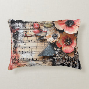 Blommigt med Rustic Piano Nycklar & Åldras Music L Prydnadskudde