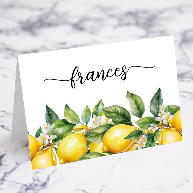 Blommigt med vattenfärg Citroner Namn Monteringsko Bordsnummer (Watercolor Blooming Floral Lemons Script Name Place Cards)
