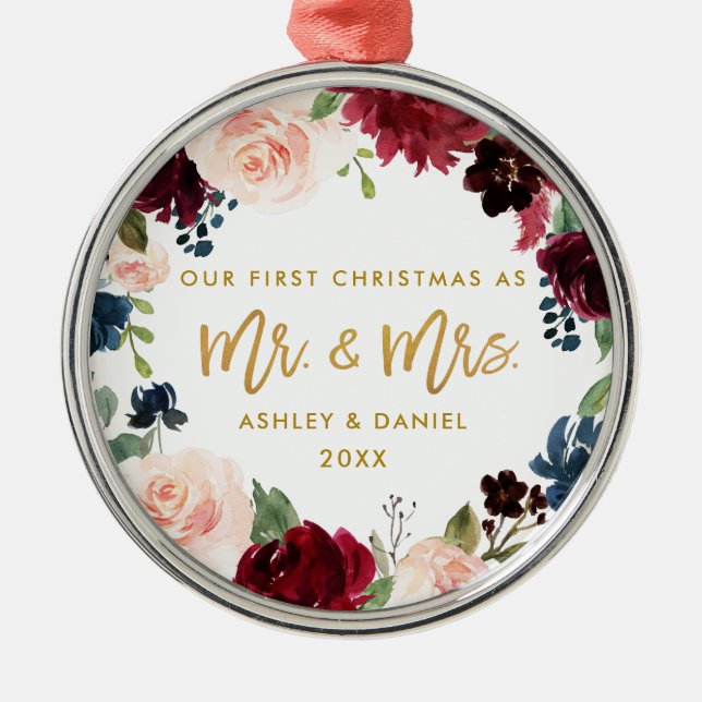 Blommigt med vattenfärg i Guld första jul Julgransprydnad Metall (Framsidan)