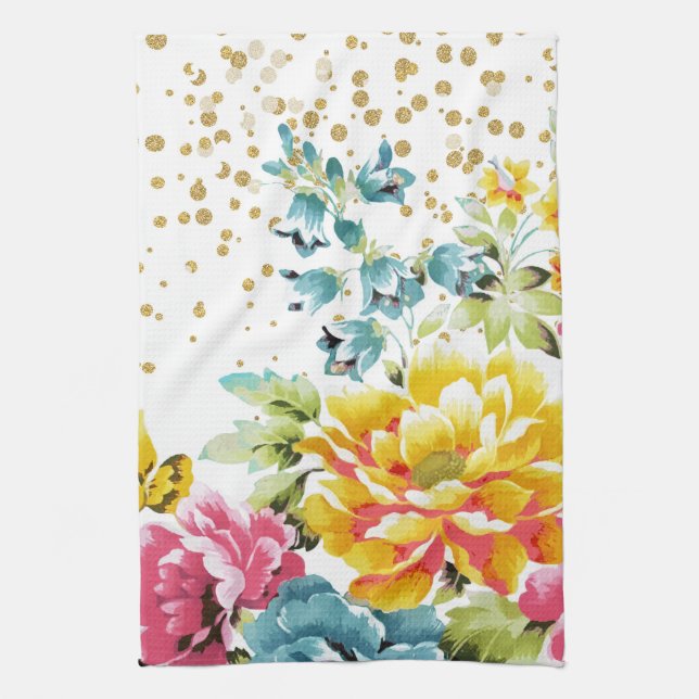 blommigt med vattenfärg och guld-konfektyrteckning kökshandduk (Vertikal)