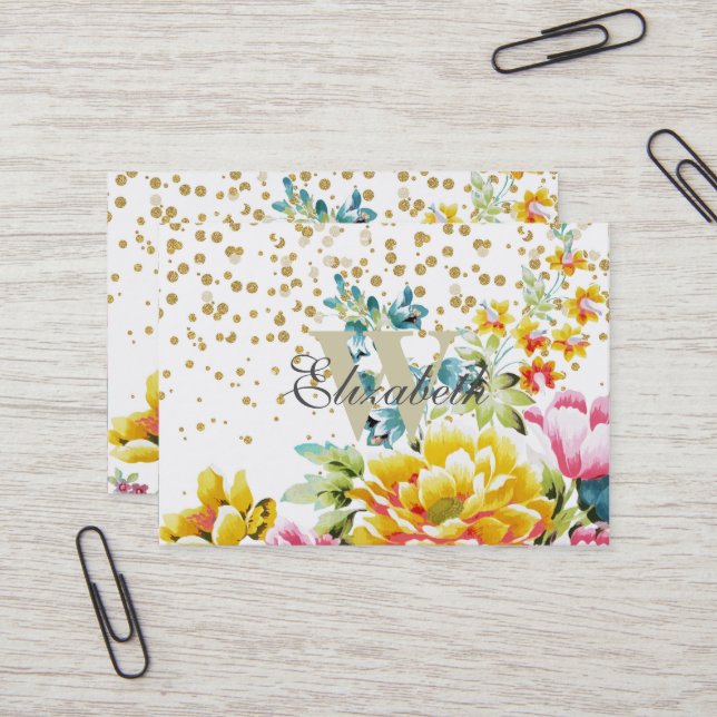 blommigt med vattenfärg och guld-konfektyrteckning visitkort (Fram/Back In Situ)