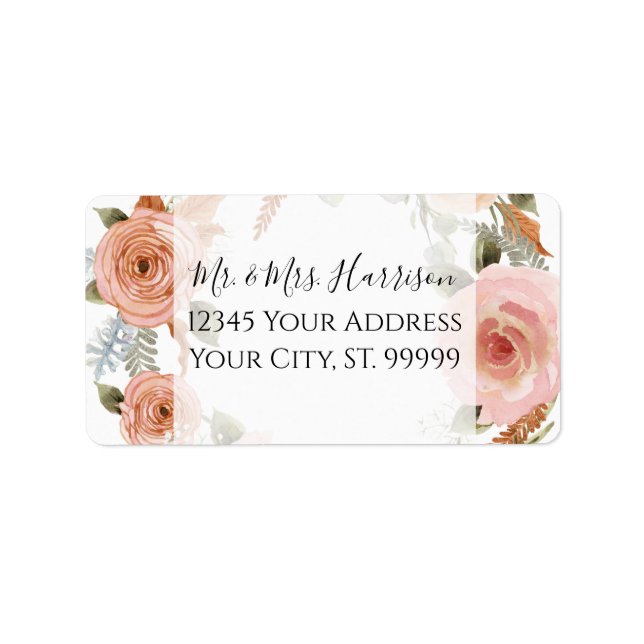  Blommigt med vattenfärg Peach BOHO Rust Greenery Adressetikett (Framsidan)