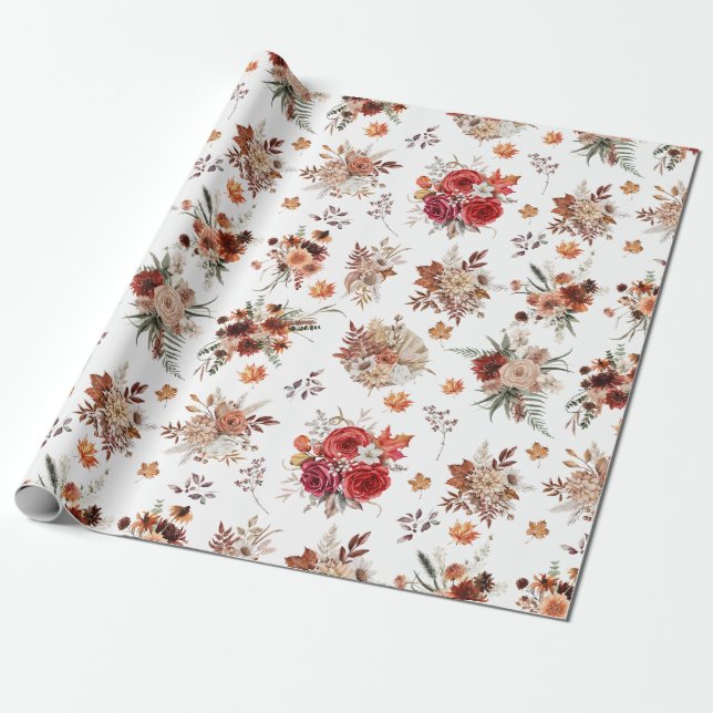 blommigt med vattenfärg sjunker hösten mönster presentpapper (Utrullad)