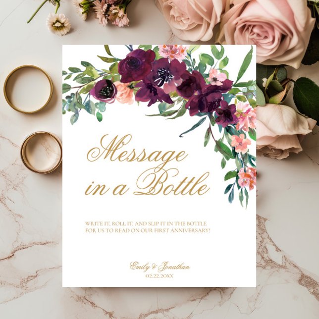 Blommigt-meddelande i ett Bröllop-gäst för Flaska Poster (Message in a Bottle Wedding Sign, Burgundy Blush Pink Florals, Gold Script Calligraphy, Fall Winter )