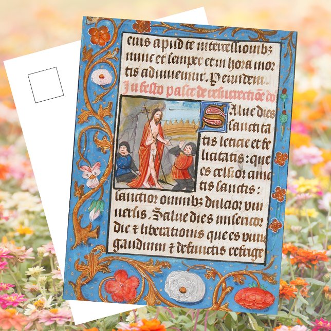 Blommigt Medieval Christian Resurrection Påsk Helg Vykort (Easter Floral Leaf Medieval Illuminated Manuscript Christian Catholic Jesus Resurrection Postcard)