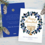 Blommigt Menorah Hanukkah Helgdag Card Julkort<br><div class="desc">Fira Hanukkah med ära och tradition med hjälp av detta vackra helgdag-kort med en gyllene menorah omringad av en blommigt med lush vattenfärg i blått, marint och . Elegant guld-manuset hälsning och anpassadets budskap på baksidan gör det till perfekt att skicka varmt önskemål till vänner och familj. Anpassa till din...</div>