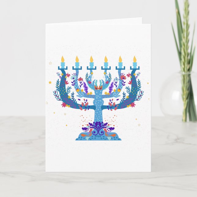 blommigt menorah hanukkah helgkort (Framsida)