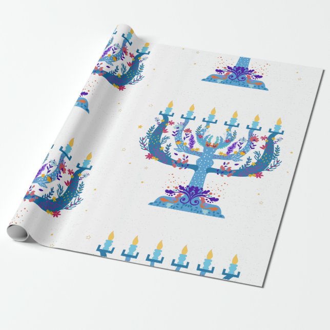 blommigt menorah hanukkah presentpapper (Utrullad)