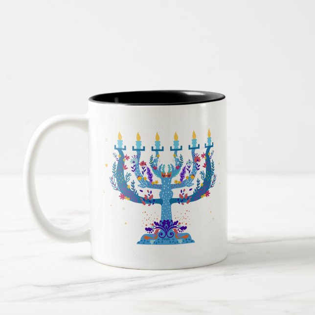 blommigt menorah hanukkah Två-Tonad mugg (Vänster)