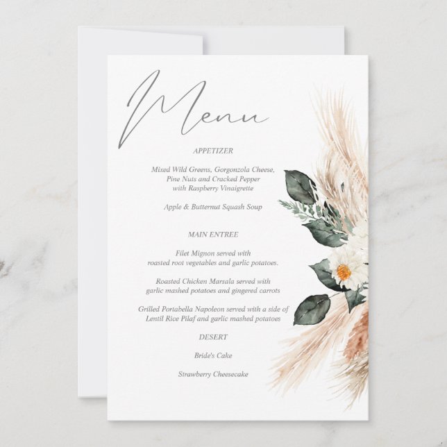Blommigt Menu för Boho Copper Pampas Grass & Beige Inbjudningar (Framsida)