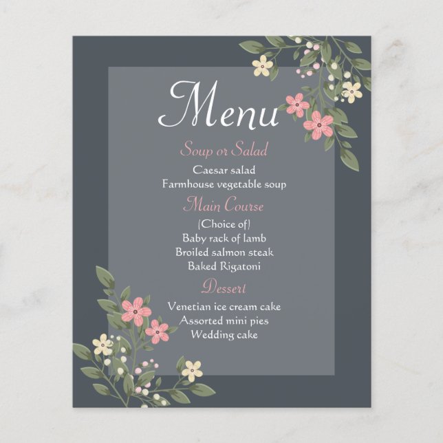 Blommigt Menu Grått & Rosa Flowers Grått Bröllopsf (Framsida)