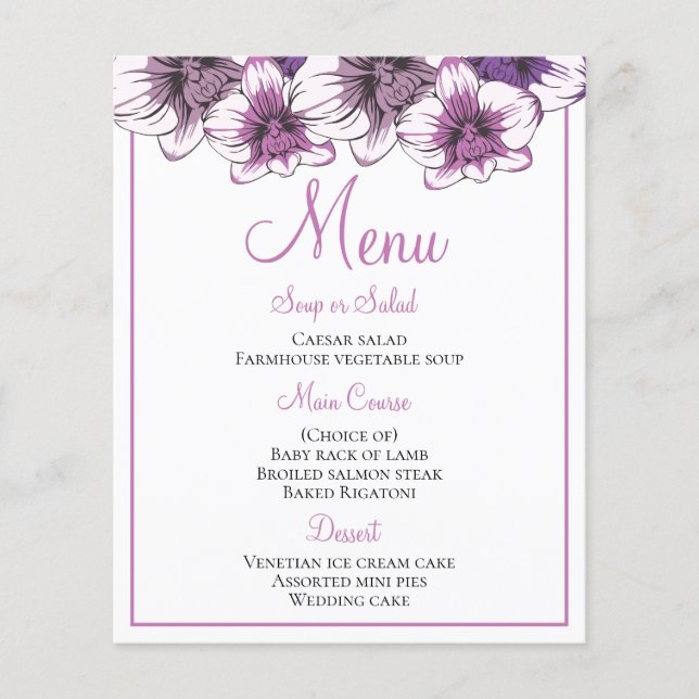 Blommigt Menu Lila Orchid Flowers Bröllopsfest (Framsida)
