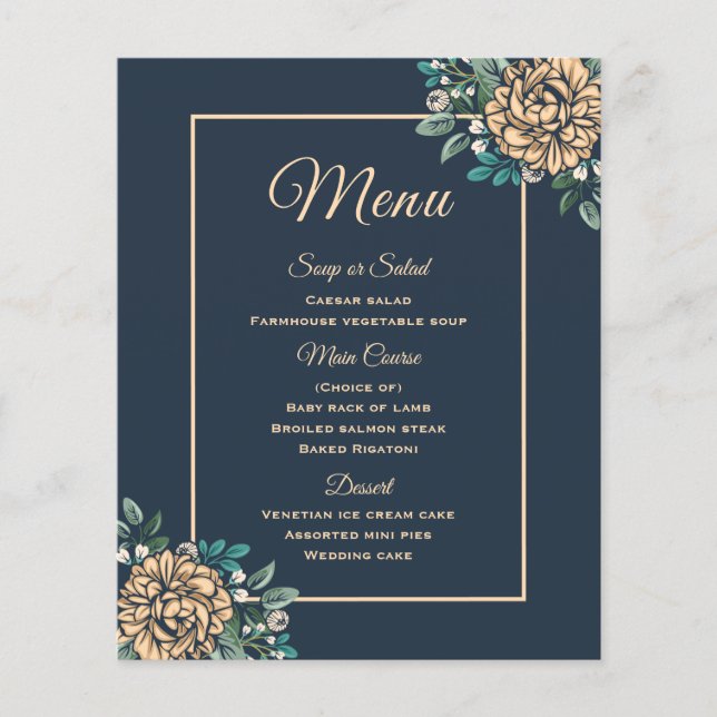 Blommigt Menu Navy Blue Peach Peony Flowers (Framsida)