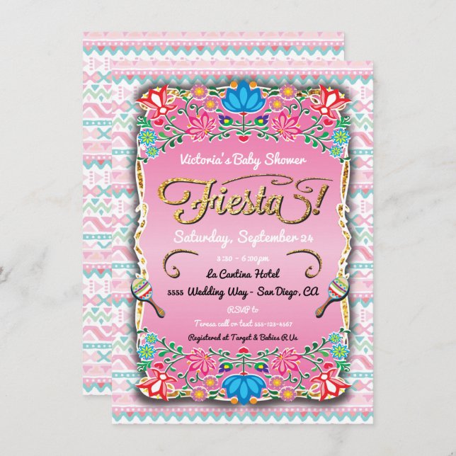 Blommigt Mexikansk fästdon för spädbarn Inbjudningar (Fram/baksida)