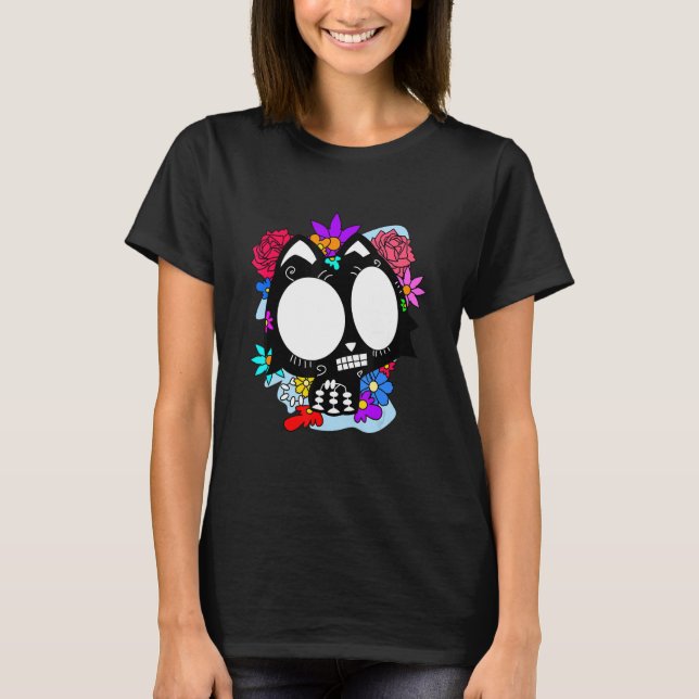 Blommigt Mexikansk katt Day of the dead Dia De Mue T Shirt (Framsida)