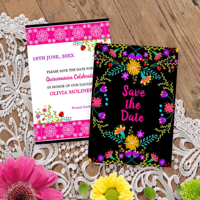 Blommigt Mexikanska Fiesta & Papel Picado - svart Spara Datumet (Quinceanera save the date with papel picado from my Mexican Fiesta Floral collection
)