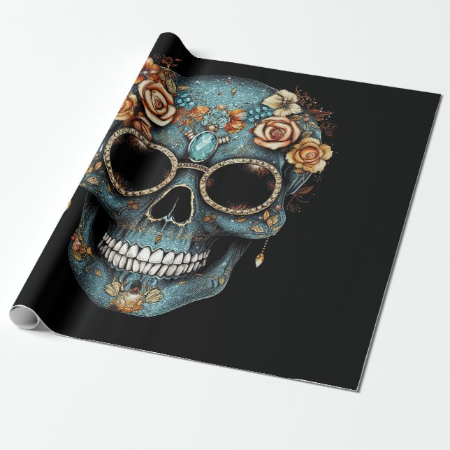 Blommigt Mexikanska Skull Day of the dead Dia De M Presentpapper (Utrullad)