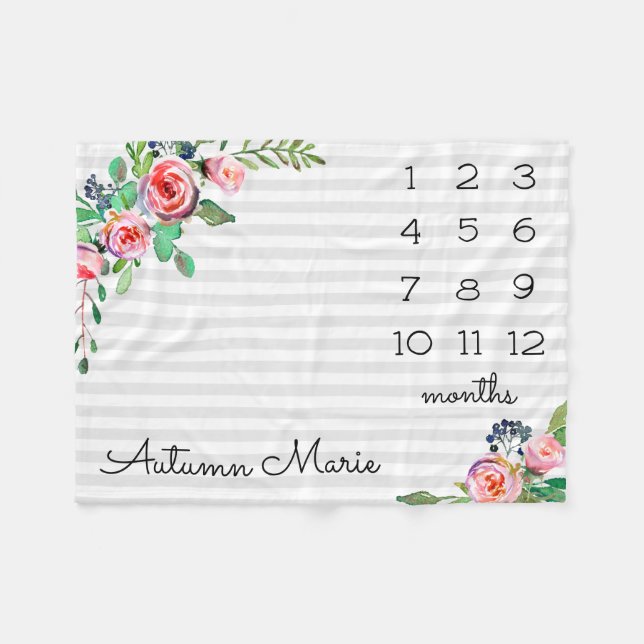 Blommigt Milestone Baby Blanket Fleecefilt (Framsidan (Horisontell))
