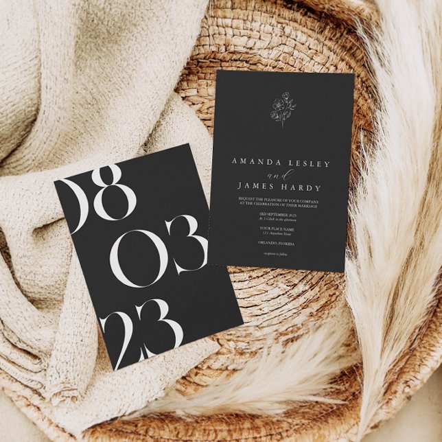 Blommigt Minimalistisk Elegant, svart och vit Bröl Inbjudningar (Skapare uppladdad)