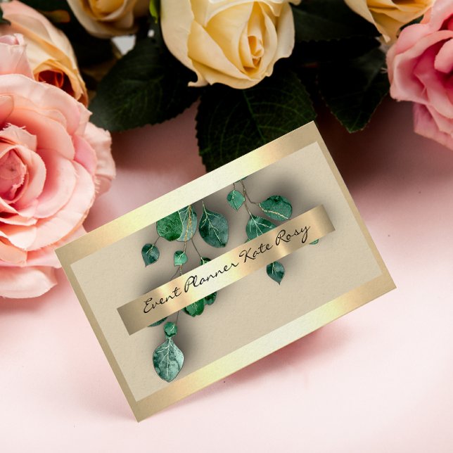 Blommigt Mint Grönt Eucaliptus Guld händelseplaner Visitkort (Skapare uppladdad)