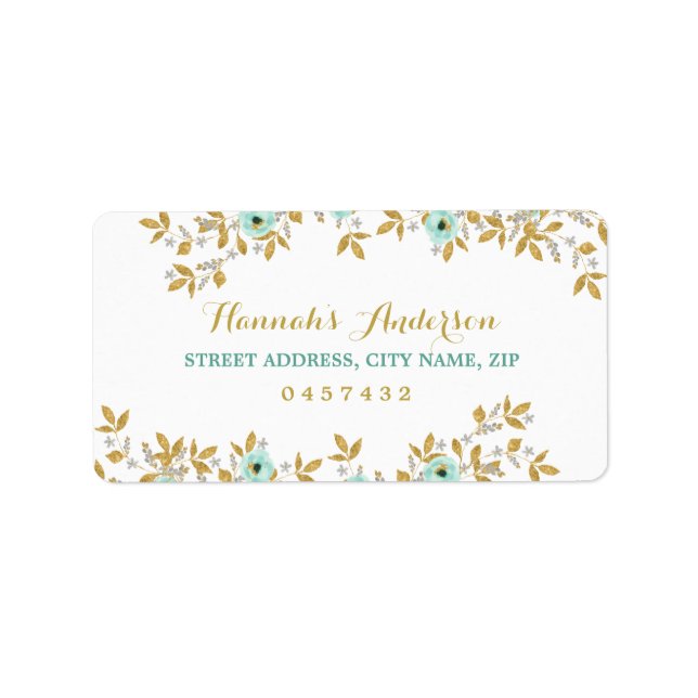 Blommigt Mint Guld Adressetiketter (Framsidan)