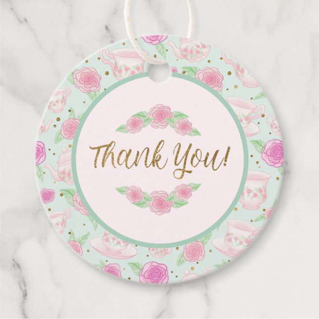 Blommigt Mint Guld Tea Party Baby Shower Tack Gåvor Etiketter (Framsida)