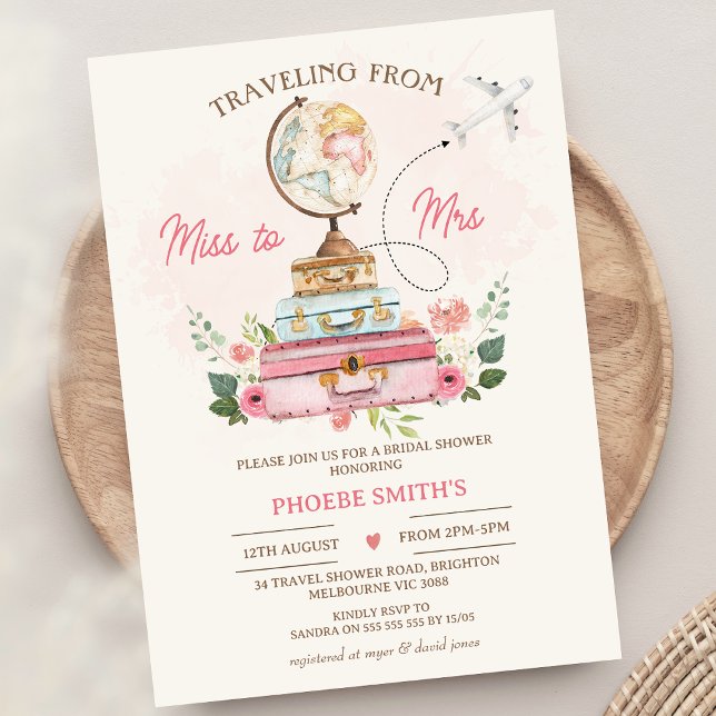 Blommigt miss till Mrs Travel Themed Möhippa Inbjudningar (Travel Themed Bridal Shower Invitation Traveling From Miss to Mrs Bridal Shower Invite World Globe)