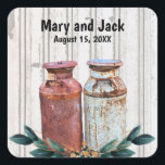 Blommigt Mjölk Cans Vintage Rustic Antique Fyrkantigt Klistermärke<br><div class="desc">Vintage Metall Jugs Bröllop Rustic land med gamla stil-antika 10 gallon juggar från metall mjölk. Vintagen letar efter din bröllopsfest. Monogram,  text,  brud och groom namn är lätta att byta till kostym efter dina behov. Alla teckningar och bilder ©</div>