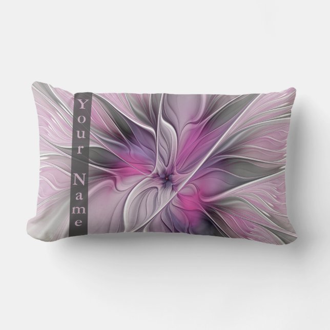 Blommigt Modern Abstrakt Art Flower Rosa Grått Nam Lumbarkudde (Framsida)