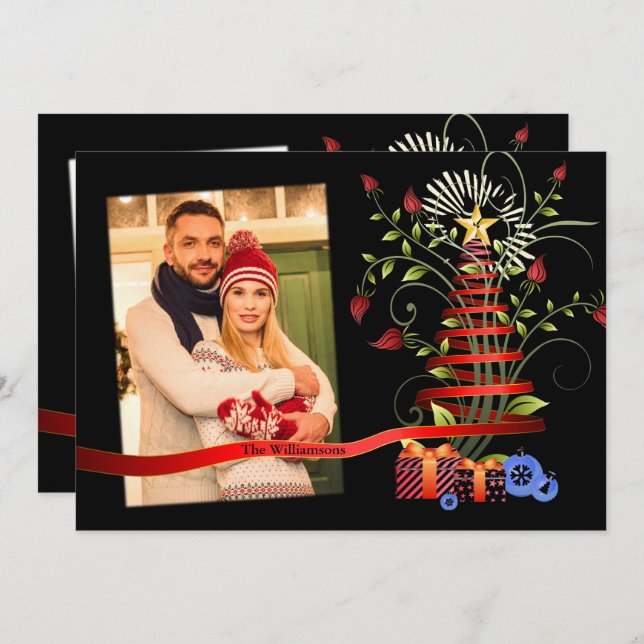 Blommigt Modern Art Julgran Photo Julkort (Fram/baksida)