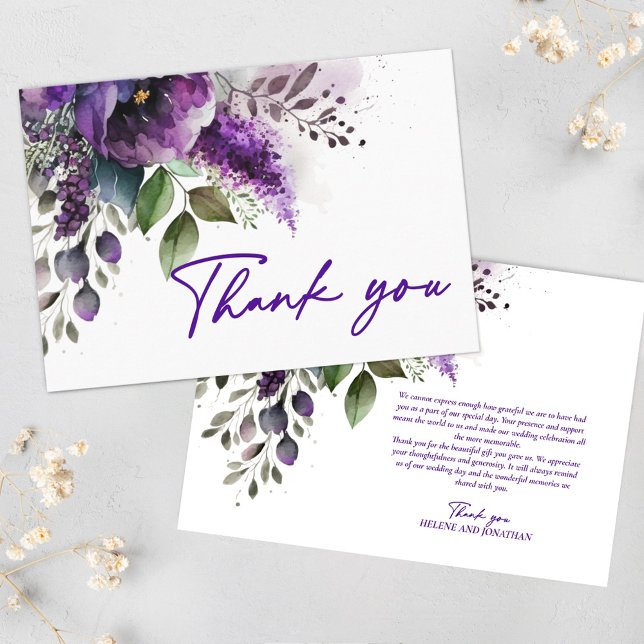 Blommigt Modern Elegant Lila Bröllop Tack (Floral Modern Elegant Purple Wedding Thank You)