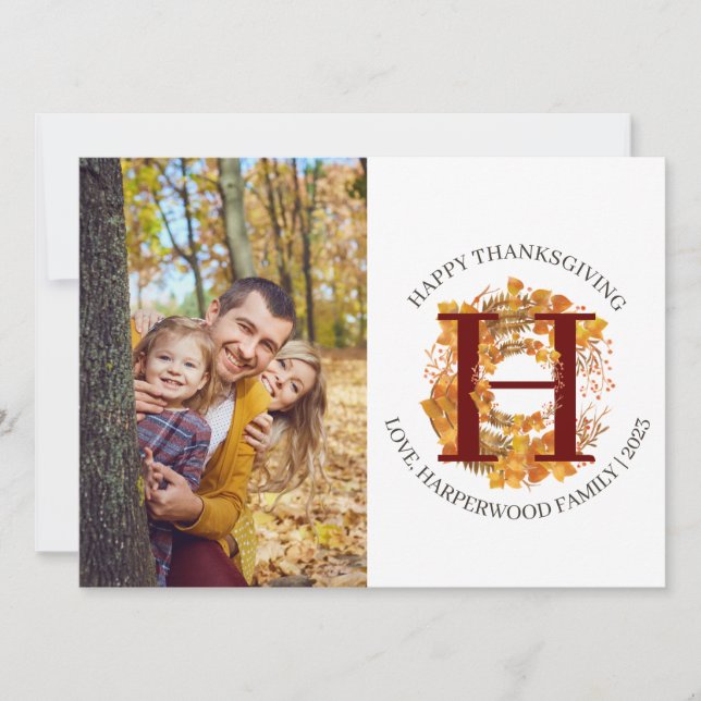 Blommigt Modern Monogram thanksgiving-familjfoto Julkort (Framsida)