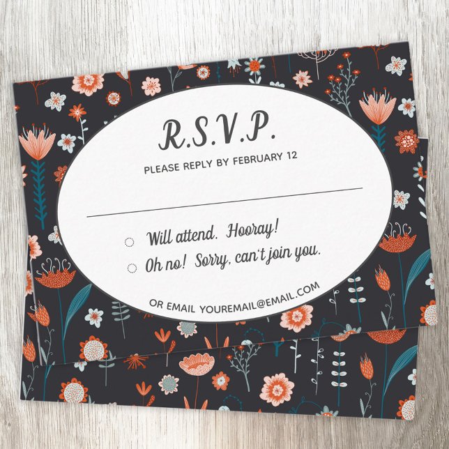 Blommigt Modern Mörk Enkel Bröllop OSA Tilläggskort (Scandinavian dark floral peach teal and black RSVP cards)