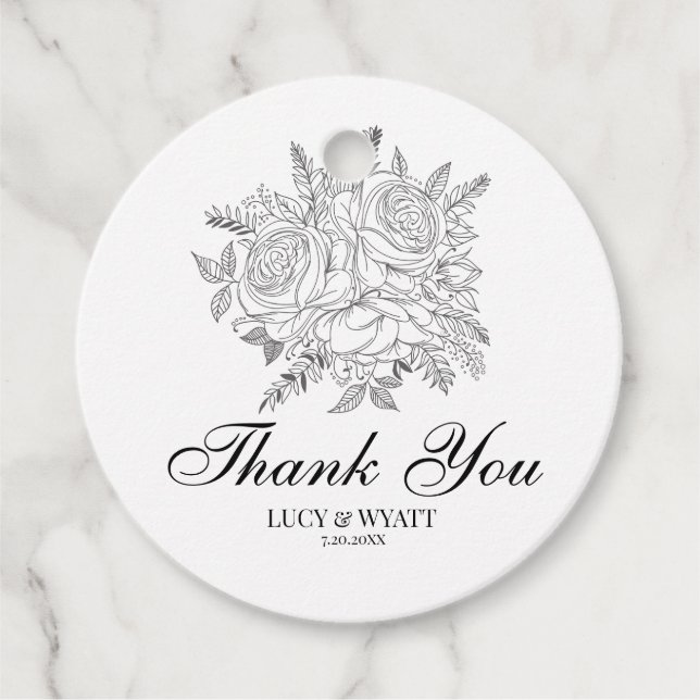 Blommigt Modern svart och vit Tack Gåvor Etiketter (Framsida)