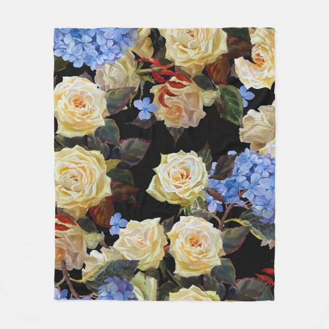 Blommigt, moderna mönster, vit ros, blå vattentäkt fleecefilt (Framsidan)