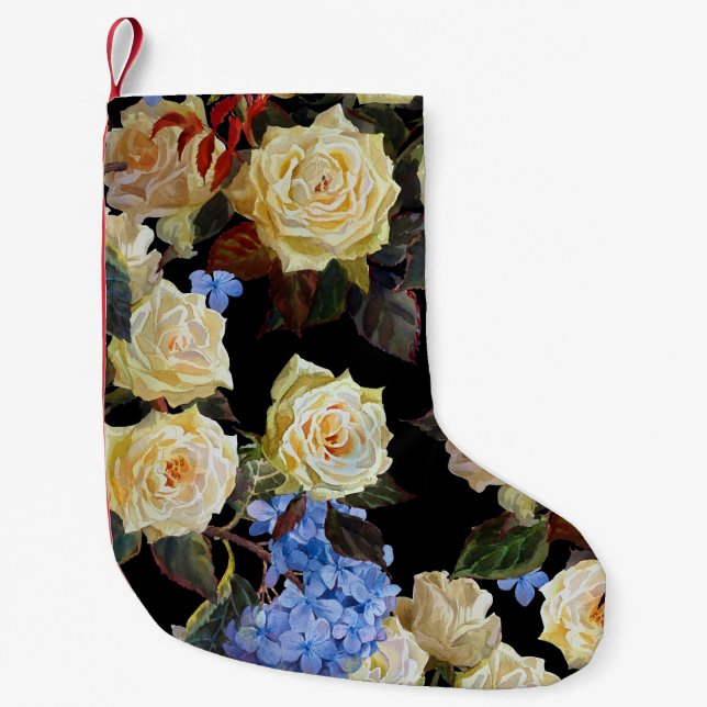 Blommigt, moderna mönster, vit ros, blå vattentäkt liten julstrumpa (Framsidan)