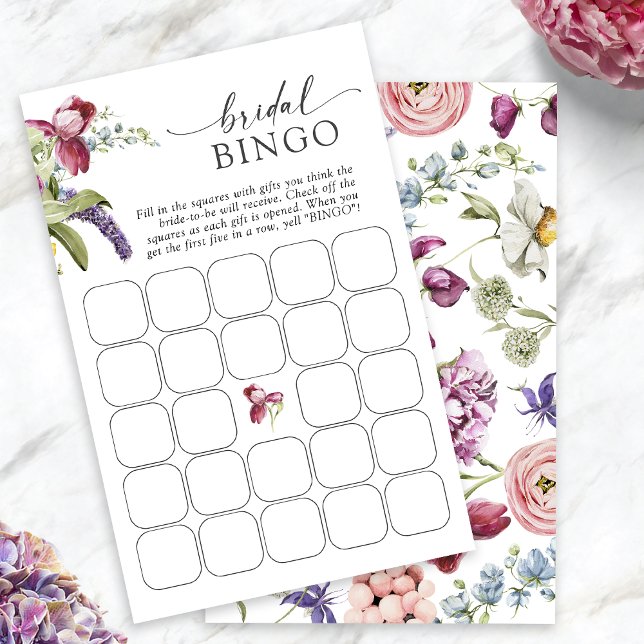 Blommigt Möhippa Bingo-spel (Jewel Tone Floral Bridal Bingo Game Cards by Painted Paperie
)