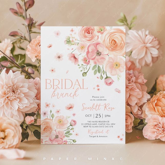 Blommigt Möhippa Brunch Kärlek i Bloom Bright Inbjudningar (Bridal Brunch Invitation in peach and blush flowers. Bridal Shower Invite.
)