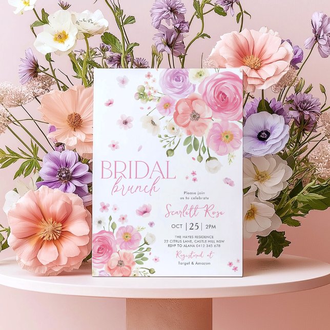 Blommigt Möhippa Brunch Kärlek i Bloom Lila Inbjudningar (Bridal Brunch Floral Bridal Shower Invitation in pink, peach and purple flowers)
