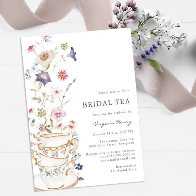 Blommigt Möhippa Tea Inbjudningar (Wildflower Tea Party Bridal Shower Wedding Invitation by Painted Paperie)