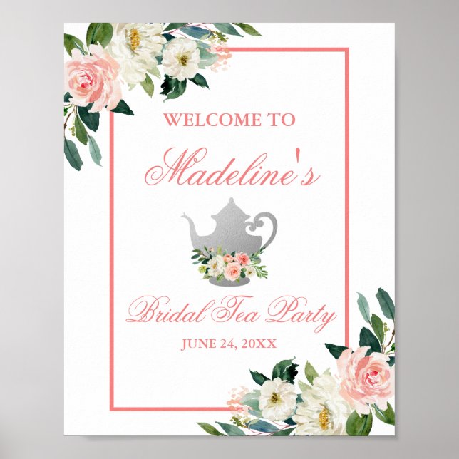 Blommigt Möhippa Tea Party Rosa Silver Välkomsthäl Poster (Framsidan)
