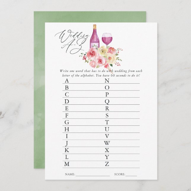 Blommigt Möhippa Vin Tasting A-Z-spel Inbjudningar (Fram/baksida)