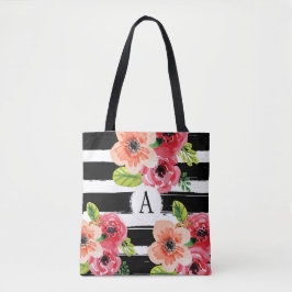 Blommigt Monogram Black White Rand | Tote Bag Tygkasse