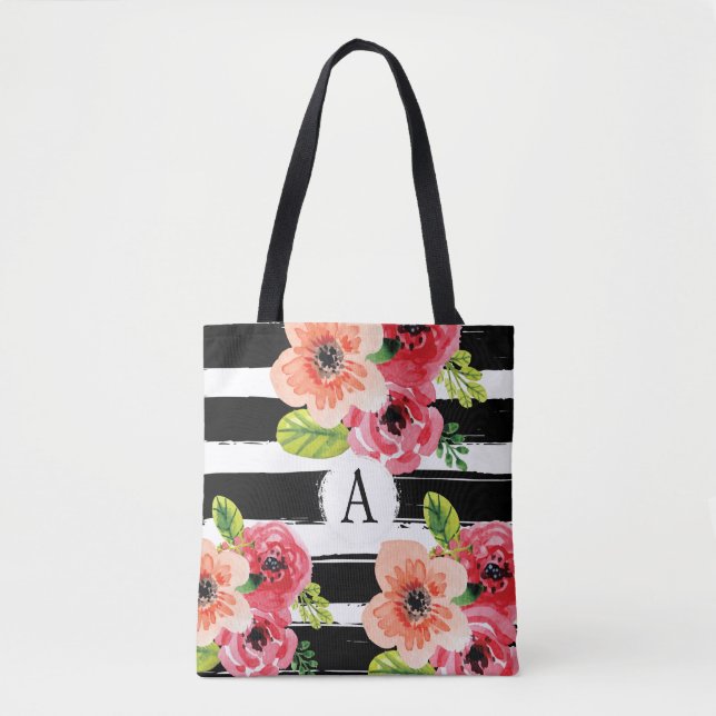 Blommigt Monogram Black White Rand | Tote Bag Tygkasse (Framsida)