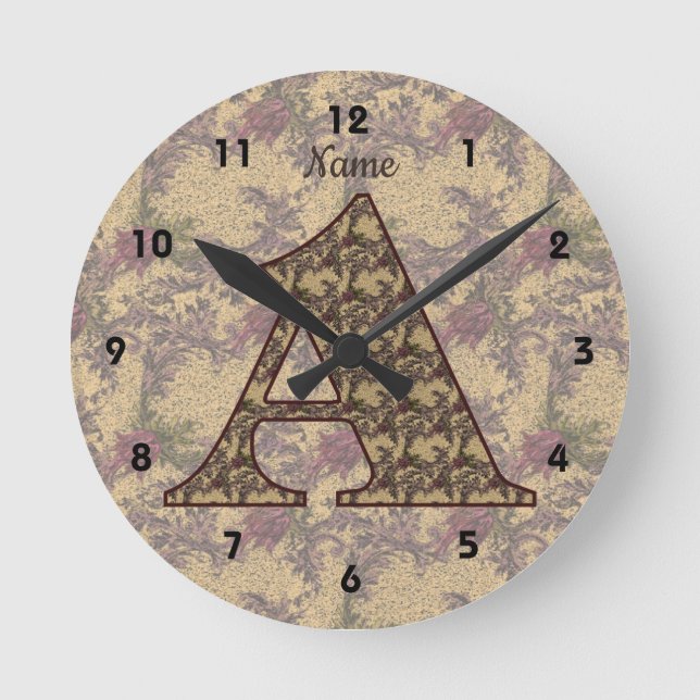 Blommigt Monogram - början en Elegant ditt namn    Rund Klocka (Framsida)