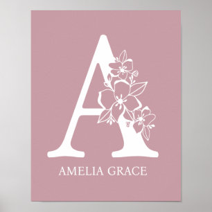 Blommigt Monogram Brev A Namn Nursery Modern Poster