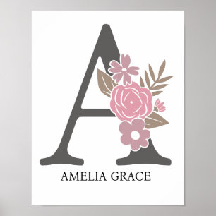 Blommigt Monogram Brev A Namn Nursery Modern Poster